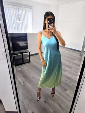 Sleek Ombre Slip Dress in Aqua to Lime Satin effect